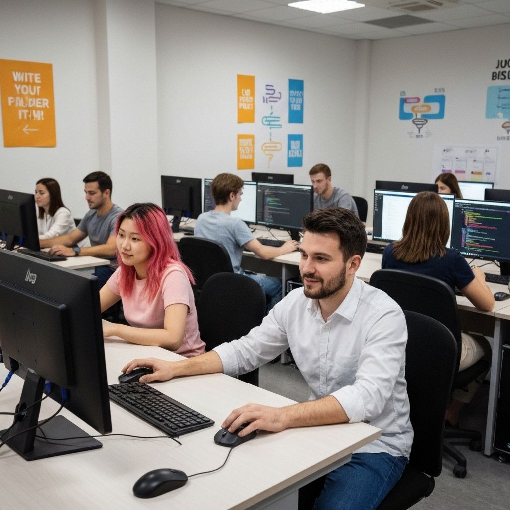 IT school classroom with students learning technology skills